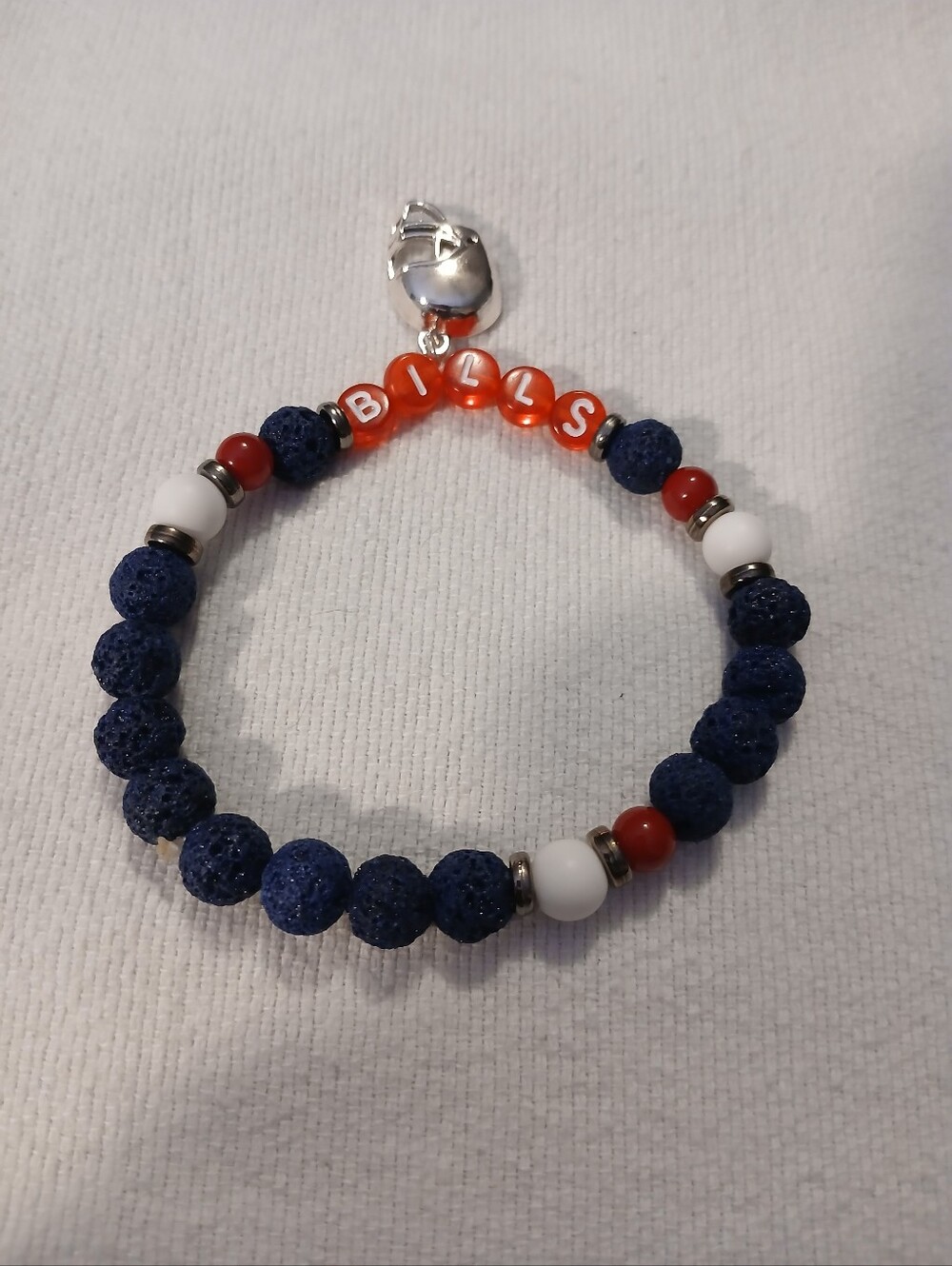 NWT Handcrafted Men's Beaded 'BILLS' Bracelet in Navy Lava Beads, Red & White.